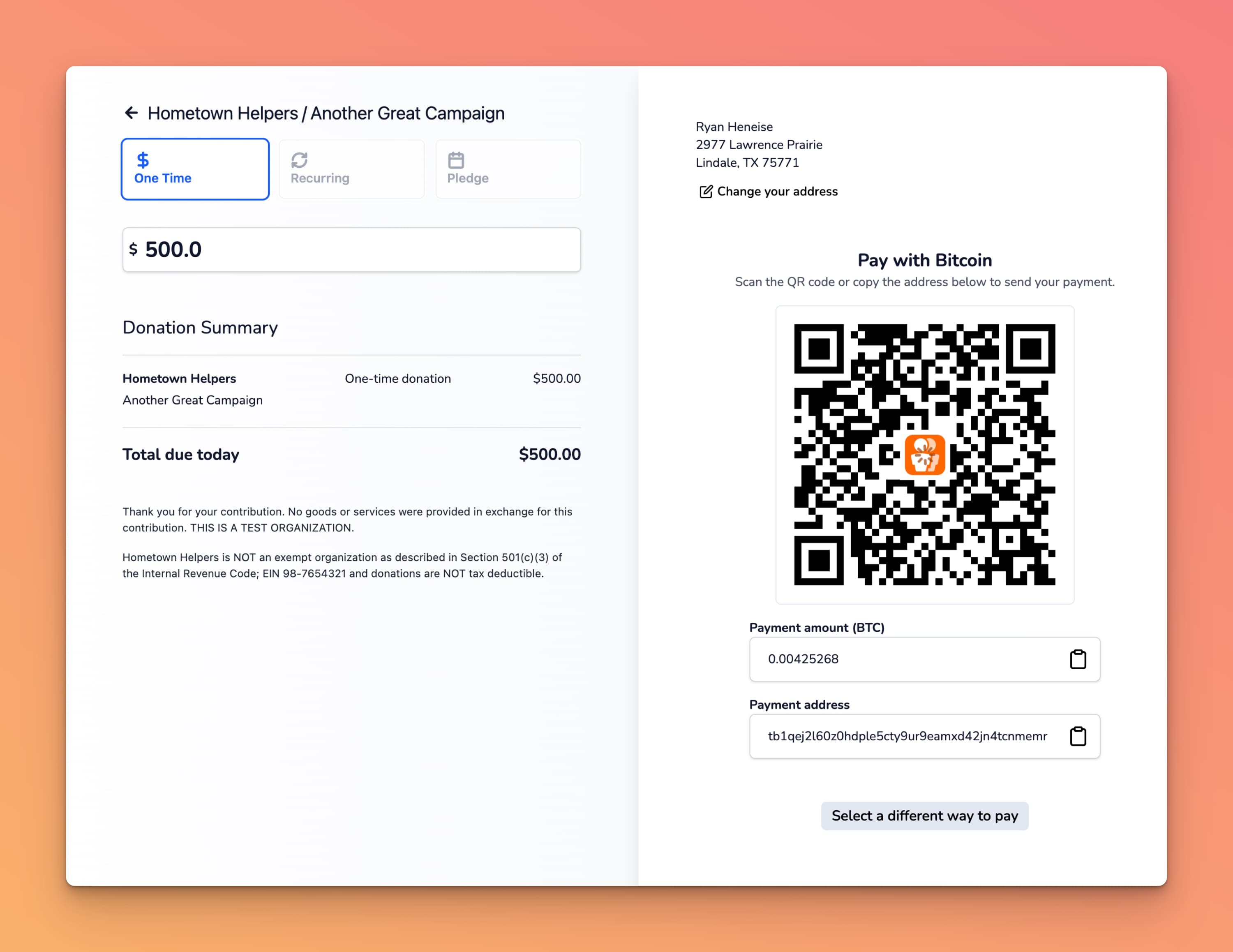 A MemberDrive checkout showing a Bitcoin payment QR code and wallet address